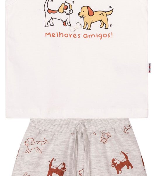 Conjunto Infantil Regata e Bermuda JACA LELÉ Cachorrinho Branco e Xadrez